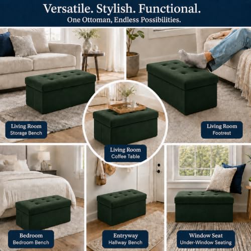 Image of ALASDO 30 Inch Folding Storage Ottoman Bench with Hidden Storage, Velvet Storage Ottoman Foot Rest Stool, End of Bed Bench for Bedroom, Living Room, Entryway and Closet, Dark Green