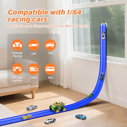 ketiee flex tracks 16ft for kids flexible race car ramp track with 4 small racecars and 8 suction cups compatible with hot wheels and diecast 164th cars rolls up portable racetrack for ages 3 amp up