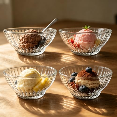 Image of Glassbunny Premium Glass Dessert Bowl Set of 4, 265 ml Capacity, Clear Ribbed Glass Ice Cream Bowls Multipurpose Serving Bowls for Ice Cream, Rabdi, Fruits, Snacks & Desserts