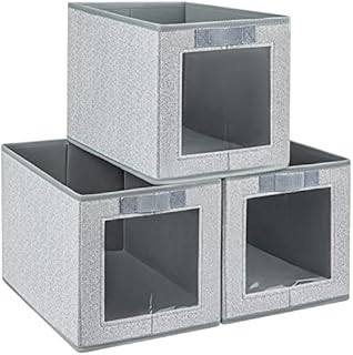 DIMJ Foldable Storage Boxes with Transparent Window Fabric Collapsible Storage Bin Basket with Handle for Wardrobe, Closet, Shelves Organiser (34*23*23 cm, Grey+Foggy Grey)
