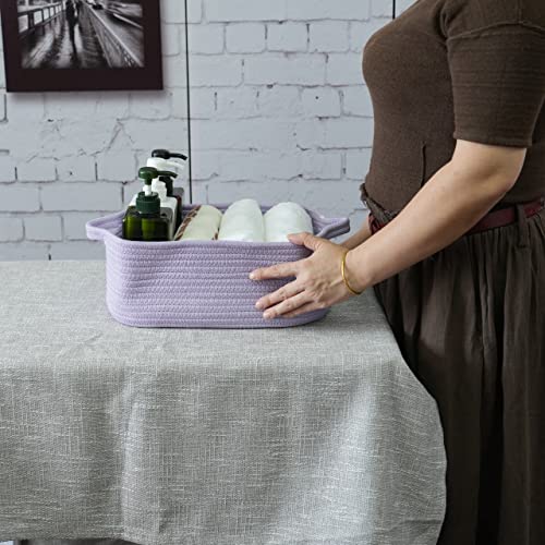 Image of XUANGUO Medium Woven Cotton Rope Storage Basket with Handles, Light Purple | Small decorative rectangle storage bin for baby nursery items and cat toys; ideal as an empty gift basket or dog toy basket