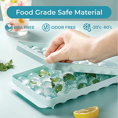 Ice Cube Trays With Lid & Bin Round Ice Mold Making For Freezer 66 X 1In Ice Ball, Circle Ice Cube Tray Chilling Cocktail Whiskey Tea Coffee (2 Sphere Ice Trays & 1 Container & Scoop) (Clear Lid) #TOP2