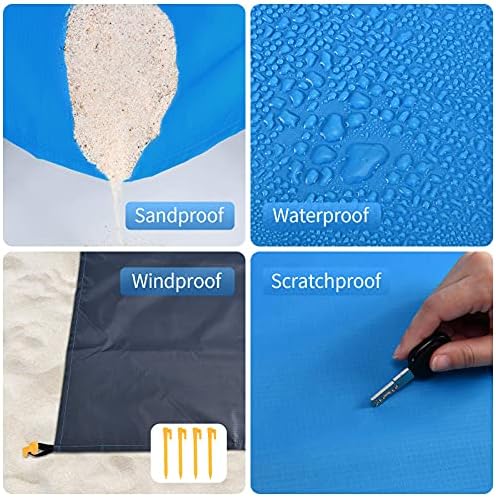 Outdoor Beach Mat Picnic Blanket,Extra Large 210 x 200cm Waterproof Portable Picnic Beach blanket,Sandproof with 4 Fixed Nails,Reinforced Edging for Beach,Park,Camping,Hiking & Family Concerts (Blue)