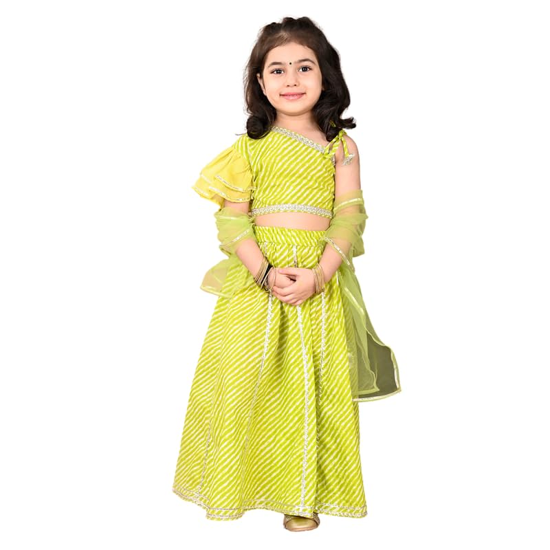 Image of superminis Girl's Cotton One Shoulder Lehariya Printed Readymade Lehenga Choli And Net Dupatta Set