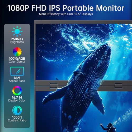 Image of Portable Monitor 15.6 inch Dual Foldable FHD USB-C Laptop Screen Extender | FHD 1080P Ultra-Slim Travel IPS Display with HDR,100% sRGB VESA & Built-in Speakers for Mac Phone PS5 Xbox Switch