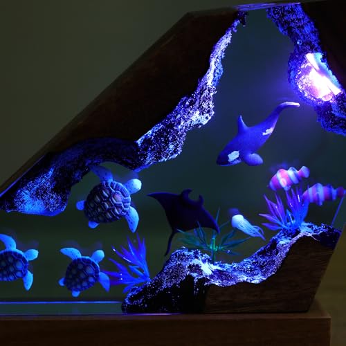 Image of Drawelry Ocean Creative Epoxy Resin Wood Light Lamp, Handmade Multi Color Aquatic Ocean Lamp Deep Sea Cave Diving Enthusiasts Led Night Light Desktop Decor Birthday Gift (Turtle, M)