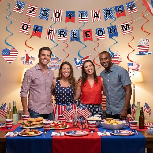 Image of Gameza 250 Anniversary party Decorations - 10 pcs 250 Years of Freedom Banner Hanging Swirls Decorations, Red White and Blue Fourth of July USA Party Decor Supplies