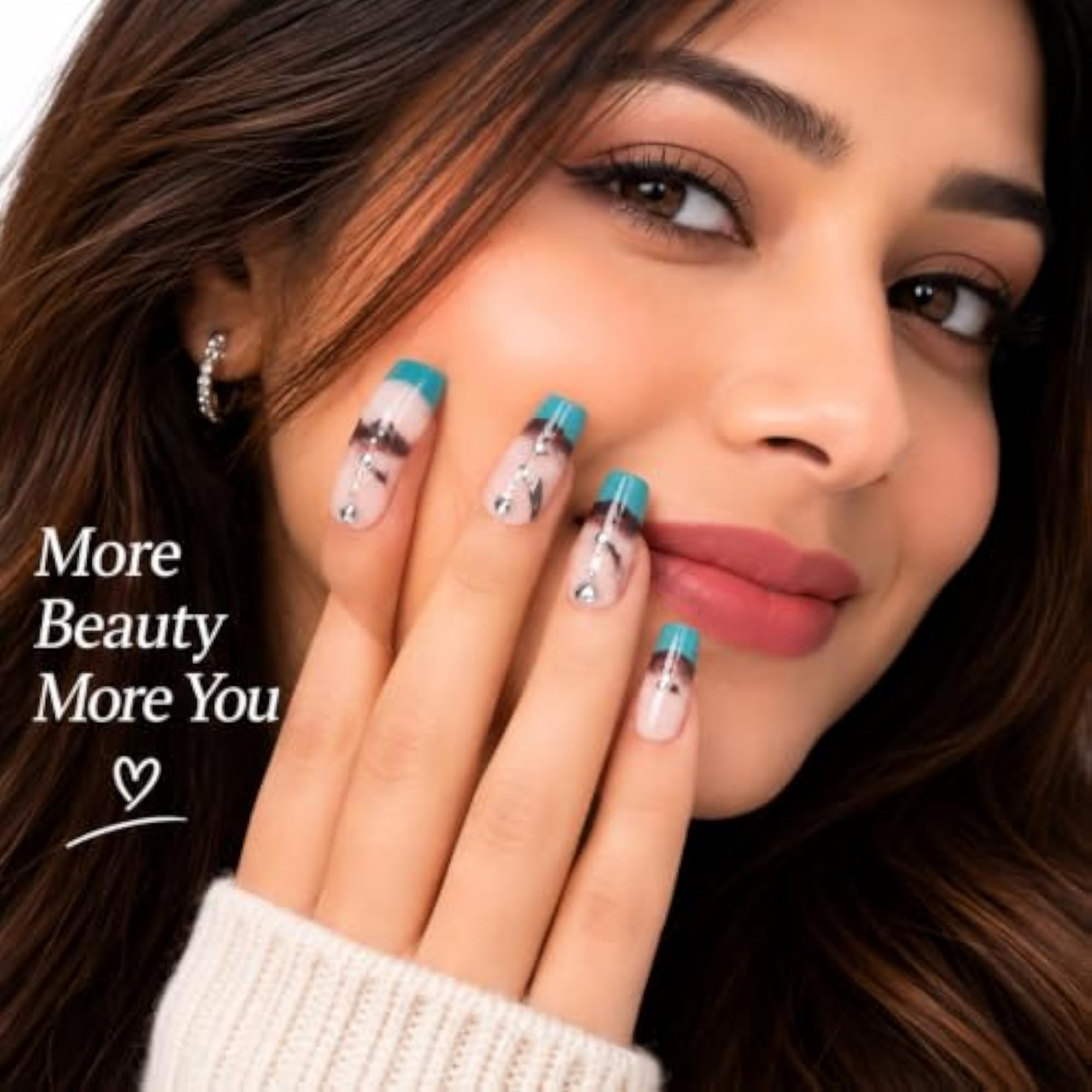 Press-on Nails, Long Coffin Shape, Teal Ombre with Rhinestones
