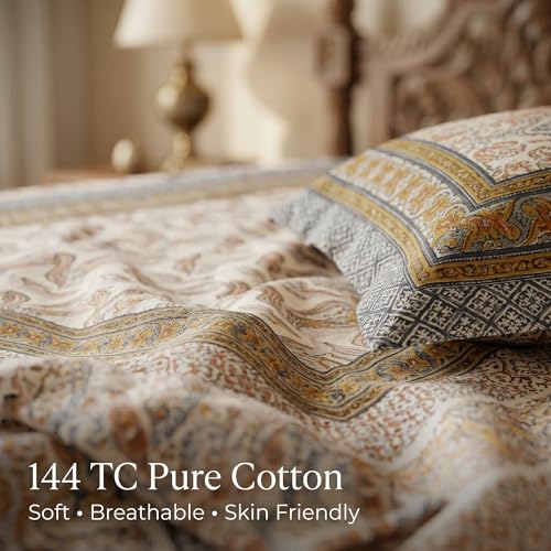 Image of Mafatlal Heritage 144 TC Cotton Double Bedsheet with 2 Pillow Covers | Designer Bedsheet Double Bed, Elegant Home Decor, Premium Look | 90 x 100 Inches | Satin Gold