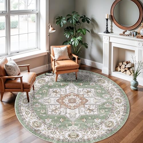 RUUGME Washable 6round Area Rugs - Large Boho Rugs for Living Room Stain Resistant Carpet Vintage Tribal Rugs for Bedroom Kitchen with Non Slip Backing Home Decor Floor Decoration Mat 6ft Sage
