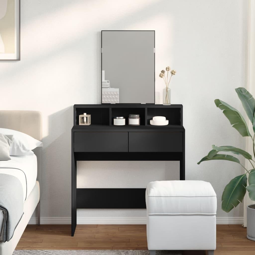 Toeletta Trucco con Specchio Nero 80x41x144,5 cm in Legno Multistrato, 2 Cassetti 3 Scomparti, Mobiletto Organizzatore Salvaspazio per Camera da Letto e Spogliatoio