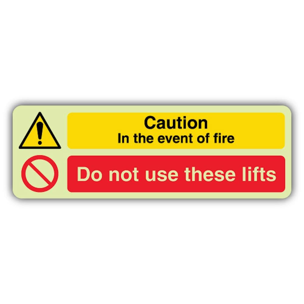 V Safety - Señal de seguridad que brilla en la oscuridad, precaución en caso de fuego, no utilices estos elevadores, formato horizontal, 750 x 250 mm, hecha de plástico rígido de triple brillo