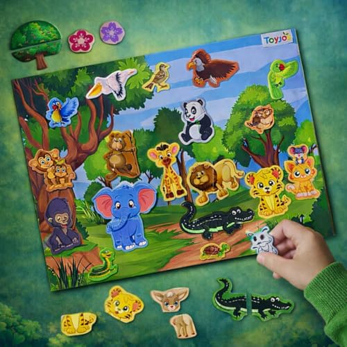 Image of Wooden Magnetic Wild Animal Puzzle for Kids | 50+ Pieces Strong Magnetic Jigsaw with Wooden Board | Educational Learning Toy for Boys-Girls (Multicolor, Ages 2-7 Years)