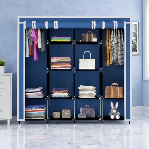 Image of 12-Shelf Collapsible Wardrobe, Portable Foldable Design, Dustproof Non-Woven Cover, Sturdy PP Resin Shelves, Blue, Standard