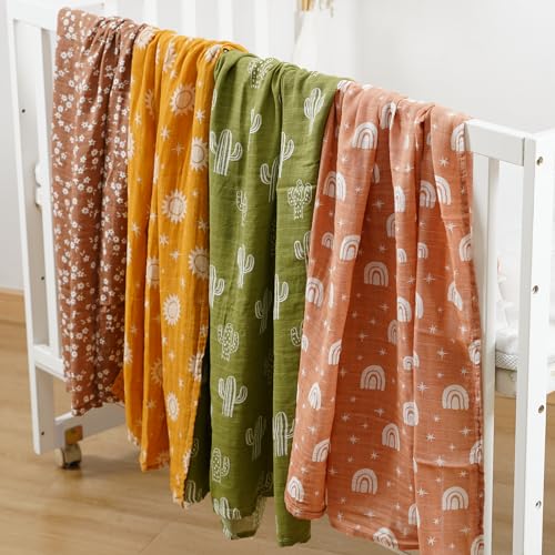 Image of 4 Set Muslin Swaddle Blankets Receiving Blanket for Newborn Baby | Boys, Girls Cute Soft Print Baby Towel Wrap 120x110cm Baby(Cactus)