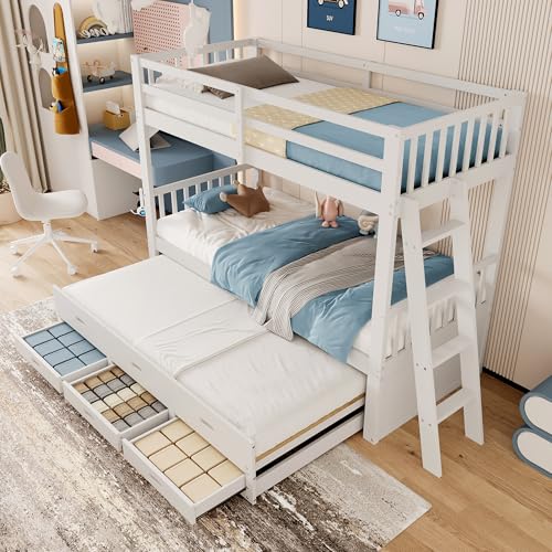 Azkoeesy Litera Infantil Triple con Cama Nido y 3 cajones, Escalera Inclinada, somier y barandilla, para Adolescente y Adulto, 90x200 cm y 90x190 cm, Color Blanco