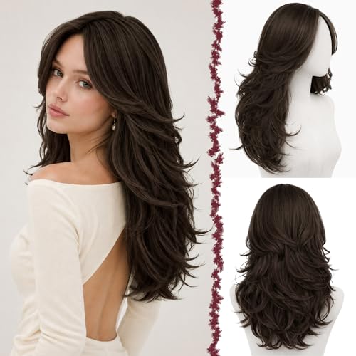 Dark Brown Layered Wig with Bangs, Long Wavy Wig with Curtain Ban...