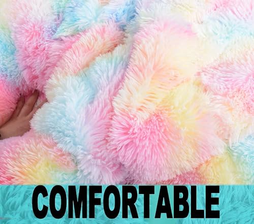 Image of Fluffy Bean Bag Chair for Kids, 2.5FT Round Memory Foam Filled Bean Bag for Teens & Kids, Ultra Soft Faux Fur Fabric Bean Bag Chairs for Playroom, Living Room, Bedroom, Rainbow