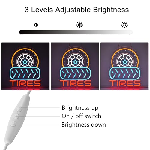 Image of Tires Neon Sign,USB Powered Dimmable Wall Decor LED Light | Neon Lights Hanging Wall Art Decor for tire Shop Auto Supplies Car Service Repair Garage Workshop,Ultra Bright, 15.35*12.6in