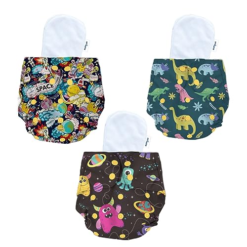 Image of Bumtum Baby Diaper | 0-3 Yrs Baby Freesize | Pack of 3, New Born Baby Diaper, Cloth Diaper, Waterproof Reusable Diaper, 5hrs Absorbency, Washable, Cotton, Extra Soft (Space Old, Dinosaur & Wonderland)