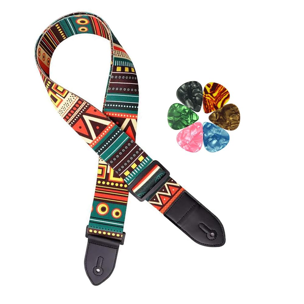 IMAGINEA Bohemian Style Adjustable Guitar Strap with Leather Ends + 5 Guitar Picks, Comfortable Cotton Strap for Acoustic, Electric & Bass Guitar
