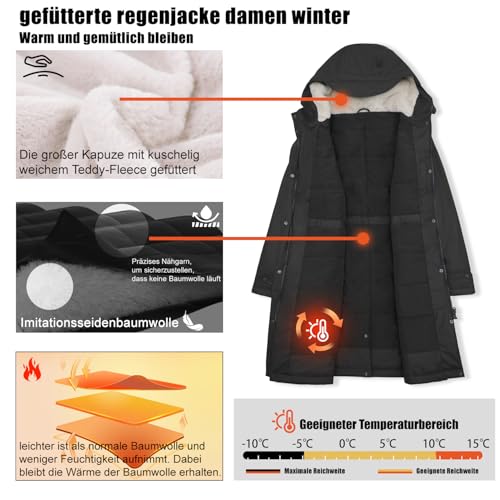 Regenmantel Damen Wasserdicht Regenjacke Winterjacke Damen Lang Wintermantel Warm Gefütterte Friesennerz Übergangsjacke Herbst Softshelljacke mit Kapuze Windbreaker Parka Winter,Schwarz,42