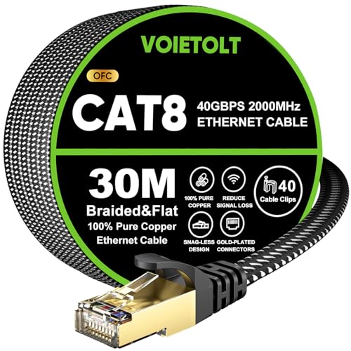 VOIETOLT Cat 8 Ethernet Cable 30M High-Speed 40Gbps/2000Mhz Flat Braided Internet Cable Gigabit STP RJ45 Network Cable Compatible for PS4/5 for Modem PC/Laptop