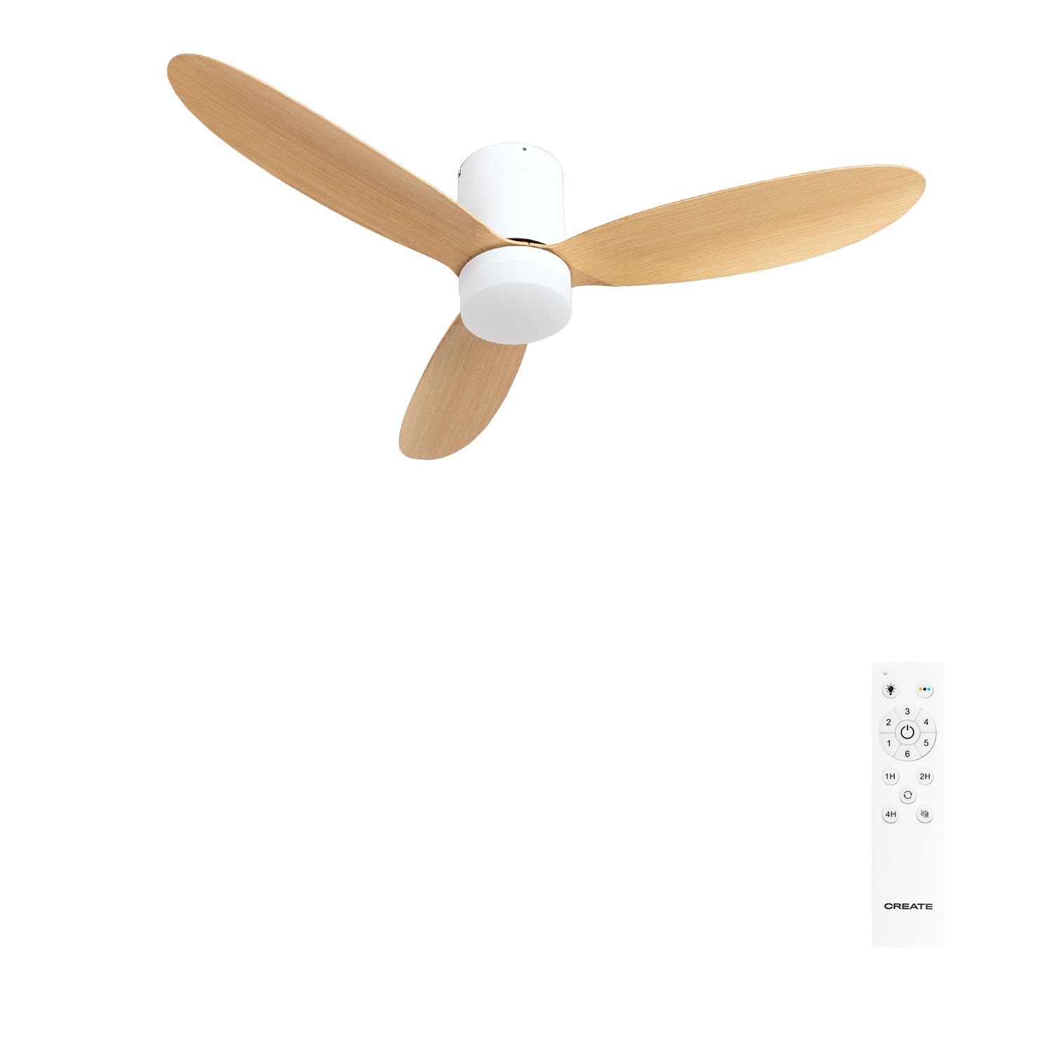 CREATE / WIND LITE/Ventilateur de plafond avec lumière en bois clair avec télécommande / 40W, Silencieux, Ø132 cm, 6 vitesses, programmable, fonction été-hiver, lumière LED 3 températures