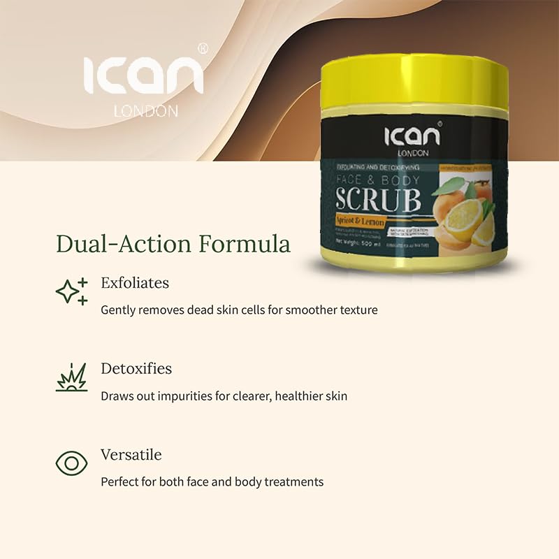 ICan London Apricot & Lemon Face & Body Scrub, Exfoliating and Detoxifying, 500ml, 368 g (Pack of 1) - Image 3