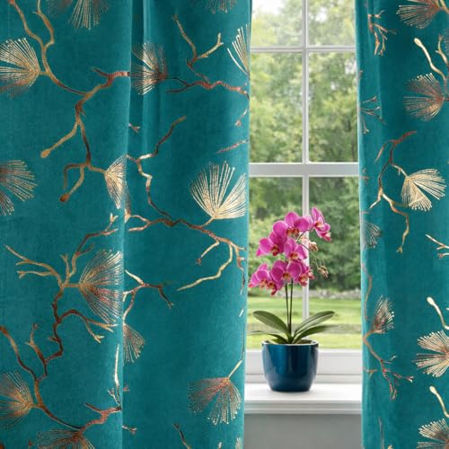 Image of Devsang Golden Foil 9 Feet Window Velvet Curtains Pack of 1, Turquoise