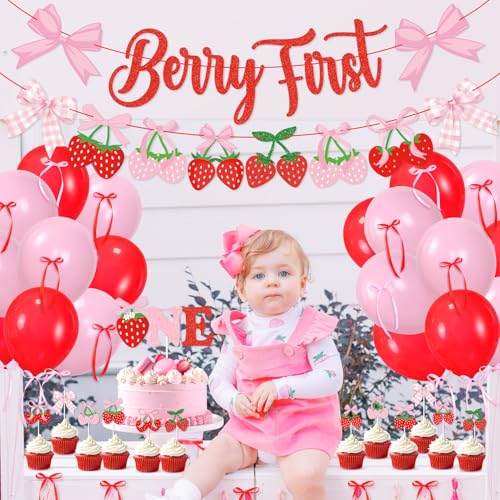 50% Off Strawberry First Birthday Decor with Balloons & Banners - Image 2