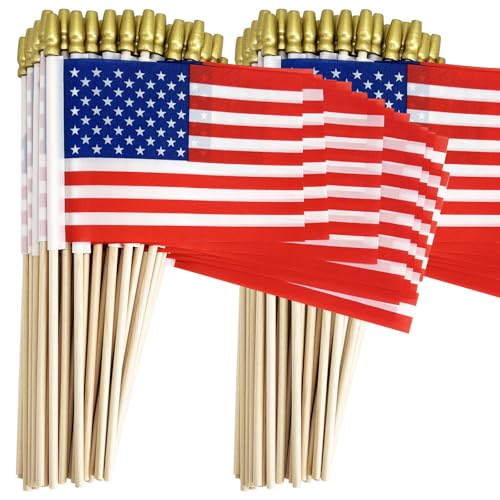 100 pack Fade Resistant Small American Flags On Stick,4x6 Inch US Flags for Outside Patriotic Decorations, Handheld American Flags For Events,Sturdy Wooden Stick Securely Adhered for Memorial Day Independence Day Decor,environmentally friendly.