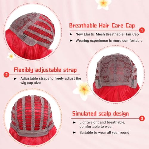 Image of Pastel Dark Red Wavy Bob Wig for Women, Short Shoulder Length Synthetic Wig with Bangs, Matte Natural Realistic Look Lightweight Hairpiece, Red Color for Daily Wear & Cosplay Costume