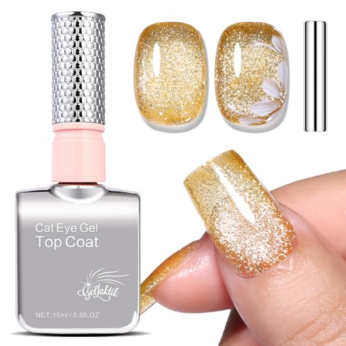 5-in-1 Cat Eye Gel Polish 15ml No Base/Top Coat Needed All-in-One Formula, Beginner-Friendly Magnetic Nail Polish with Magnet Stick, Fast Curing for Home DIY Manicure (Golden Amber)