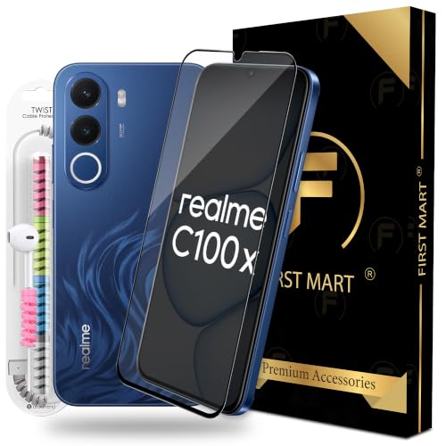 Image of FIRST MART Tempered Glass for Realme C100x, 9H 0.3 mm Full-Glue Screen Protector with Cable Protector, 3D Edge-to-Edge, HD Clear, Case-Friendly, Black, Pack of 1