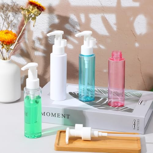 Empty Pump Bottles 4 PCS TSA Approved Travel Plastic Bottles 3.4oz/100ml Small Travel Size Pump Bottle Dispensers Leak Proof for Facial Cleansing Oil Shower Gel Refillable Shampoo & Conditioner4