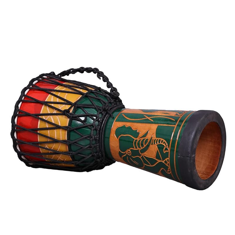 Image of StarJam Single Wood Shell Mahogany Wood Djembe Deep Carved Drum - 8 Inches Diameter X 16 Inches Height Musical Instrument with Bag - Elephant Carved Djembe