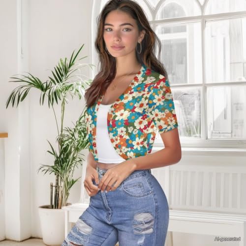 Image of Womens Short Sleeve Cardigans Lightweight Summer Cardigan Trendy Bolero Shrug Cute Floral Cardigan Sheer Bolero