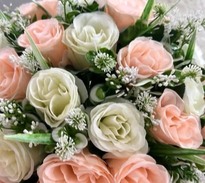Biznest 2 Bundles Of Artificial Roses Flower Bouquet (48 Heads) Mix Colours Bunch Available Home, Party, Cemetery, Wedding, Porch, Yard, Indoor & Outdoor Event Decoration (CREAM AND PEACH)