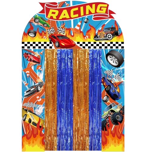 5Pcs Race Car Party Decorations Hot Car Porch Banner with Tinsel Foil Fringe Curtains Truck Birthday Party Door Covers Racing Wheels Game Party Hot Racing Car Backdrop for Boys Birthday Party Supplies
