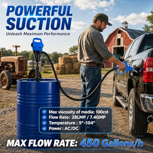 Image of Electric Drum Pump with120V AC /12V DC Power, 55 Gallon Drum Pump Electric, Built-in 2-Inch Bung Adapter, 5 GPM Flow Rate,Telescoping Suction Tube 34 inch to 49 inch Suitable for Diesel, DEF, Water, Antifreeze