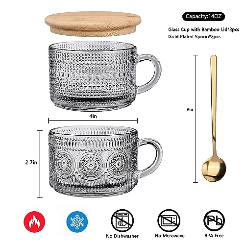 Vintage Glass Coffee Mugs Set of 2,Clear Embossed Glass Tea Cups with Bamboo Lids and Spoons, Cute Coffee Bar Accessories - Image 2