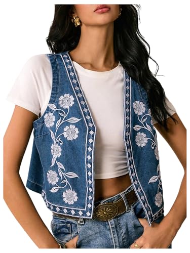 Women's Floral Embroidered Denim Vest Open Front Vintage Western Vest Sleeveless Jean Jacket Waistcoat