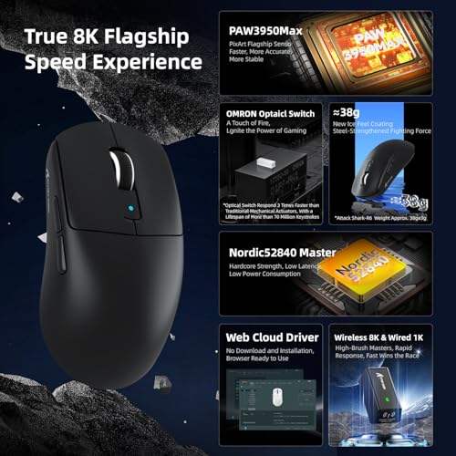 Image of ATTACK SHARK R6 Wireless Gaming Mouse,38G Ultra-Lightweight Trip-Mode 2.4G /USB-C /Bluetooth Mouse Gaming with PAW3950MAX Sensor,42000 DPI,50G Accelerated Speed for PC /Laptop /Mac -Black&Tape