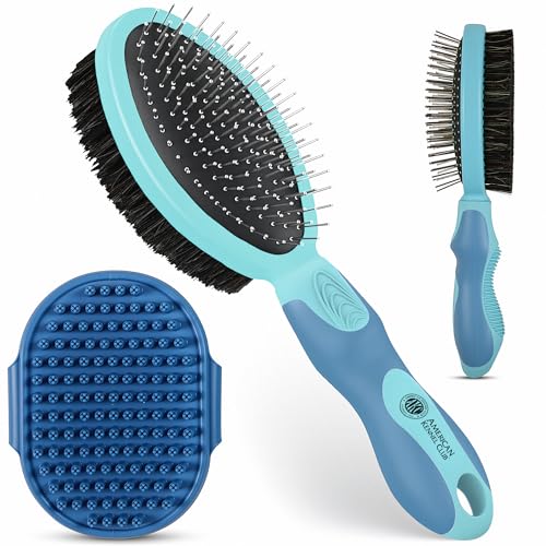 AKC - Double-Sided Grooming Brush for Dogs & Cats |Soft Bristles & Stainless Steel Pins for Removing Tangles Shedding & Loose Fur |Gentle on Skin | Comfortable Grip Handle for Easy Brushing & Bathing