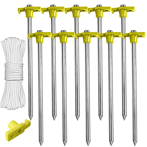 ABCCANOPY 8 Inch Tent Stakes 10 Pcs Non-Rust Metal Ground Anchors, Heavy Duty Spikes with 4 Ropes for Outdoor Camping, Yellow
