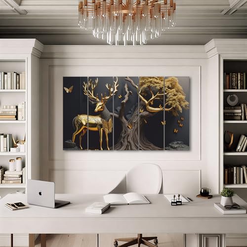 Image of The Castle Decor White & Golden Deer Digital Painting - Wooden Framed Wall Art for Living Room, Bedroom and Hotels (Multi Color - Design 7, 27x48 Inch)
