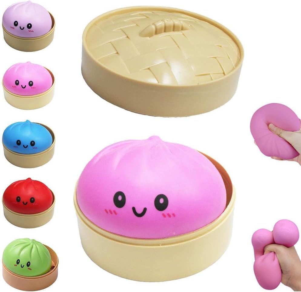 Colorful Dumplings Stress Balls Novlety Dumpling Stuffed Bun Plush Rainbow Dumplings Cute Anxiety Relief Fidget Toy Decompression Dough for Adults Bun with Food Steamer Stretchy Toys (Pink)