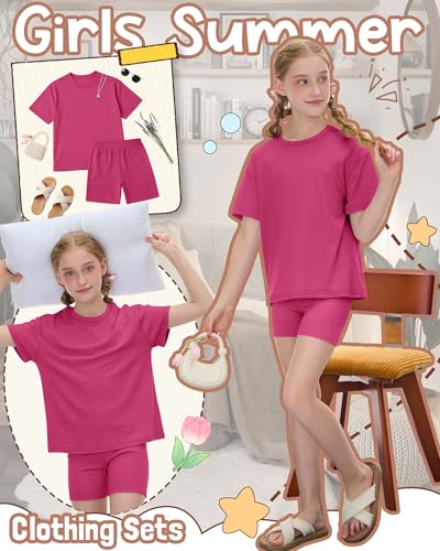 Image of Oakgarden Summer Outfits for Girls 5-14Y Athletic Casual Sets Kid Short Sleeve Shirt Bike Shorts 2 Piece Tween Trendy Clothes