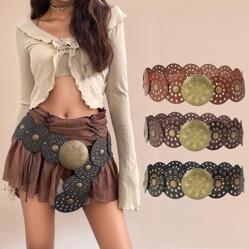 Western Leather Belts for Women Vintage Boho Cowgirl Belt with Concho Wide Disc Belt for Dresses Jeans Skirts2